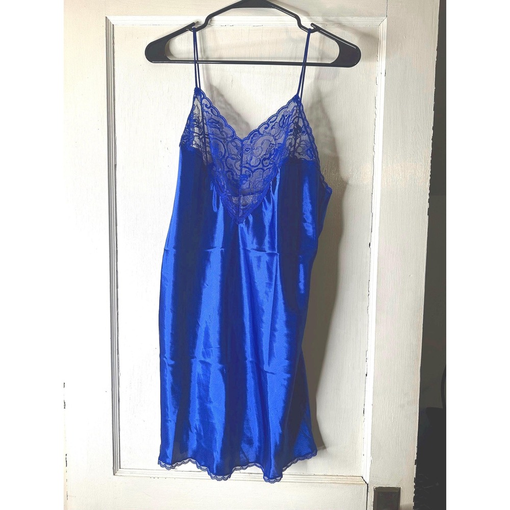 Vintage Val Mode Lingerie Blue Silky Night Gown Lace Trim V-Neck Royal Blue L